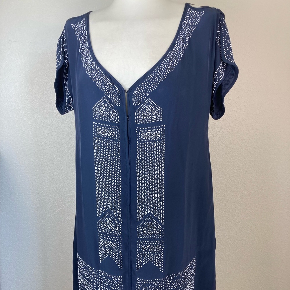 Burning Torch from Anthropologie navy blue beaded mini shift dress silk size s